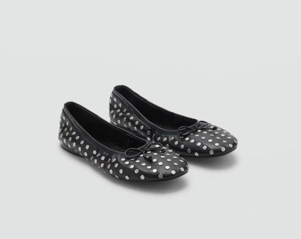 MNG BY MANGO Studded Bow Ballerina Flats Black 38 US 7.5 NEW